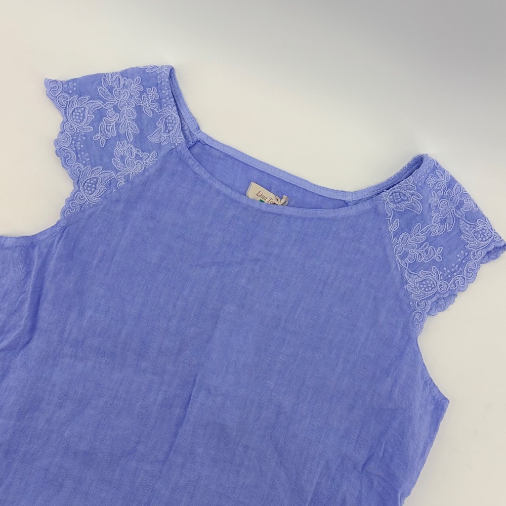 Lina Tomei Top Women M Blue Linen Short Sleeve Floral Embroidered Made in Italy